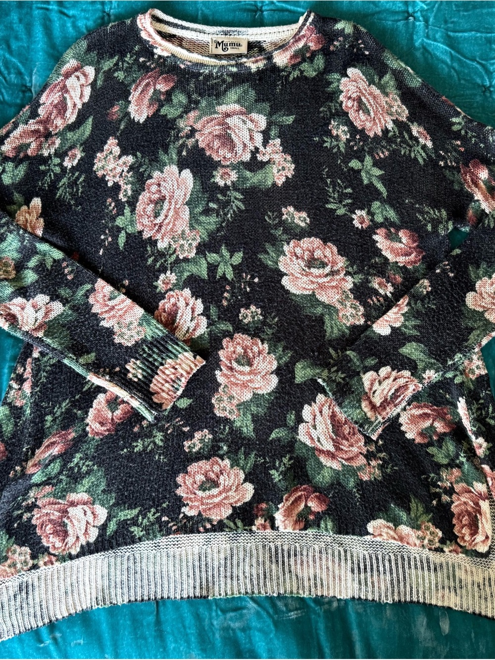 Show Me Your Mumu Floral Knit Sweater in Navy, Pink & Green